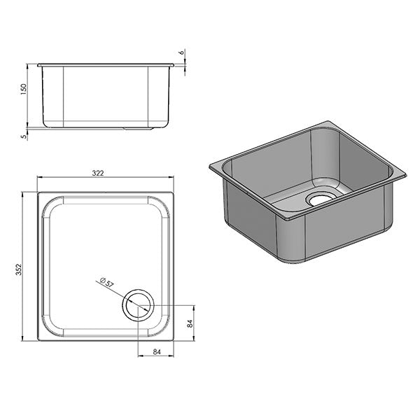 Lavello inox quadrato • 350 x 320 mm • LA1402