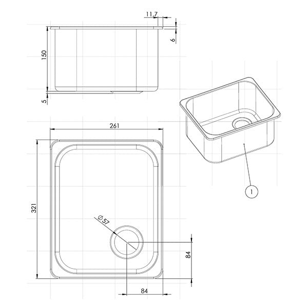 Lavello inox rettangolare • 350 x 320 x 150 • LA1400