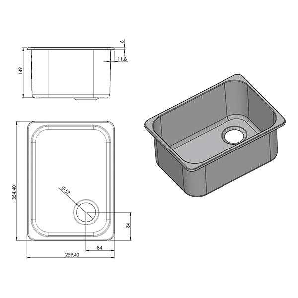 Lavello inox rettangolare • 355 x 260 mm • LA1401