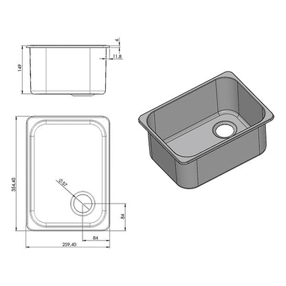 Lavello inox rettangolare • 355 x 260 mm • LA1401